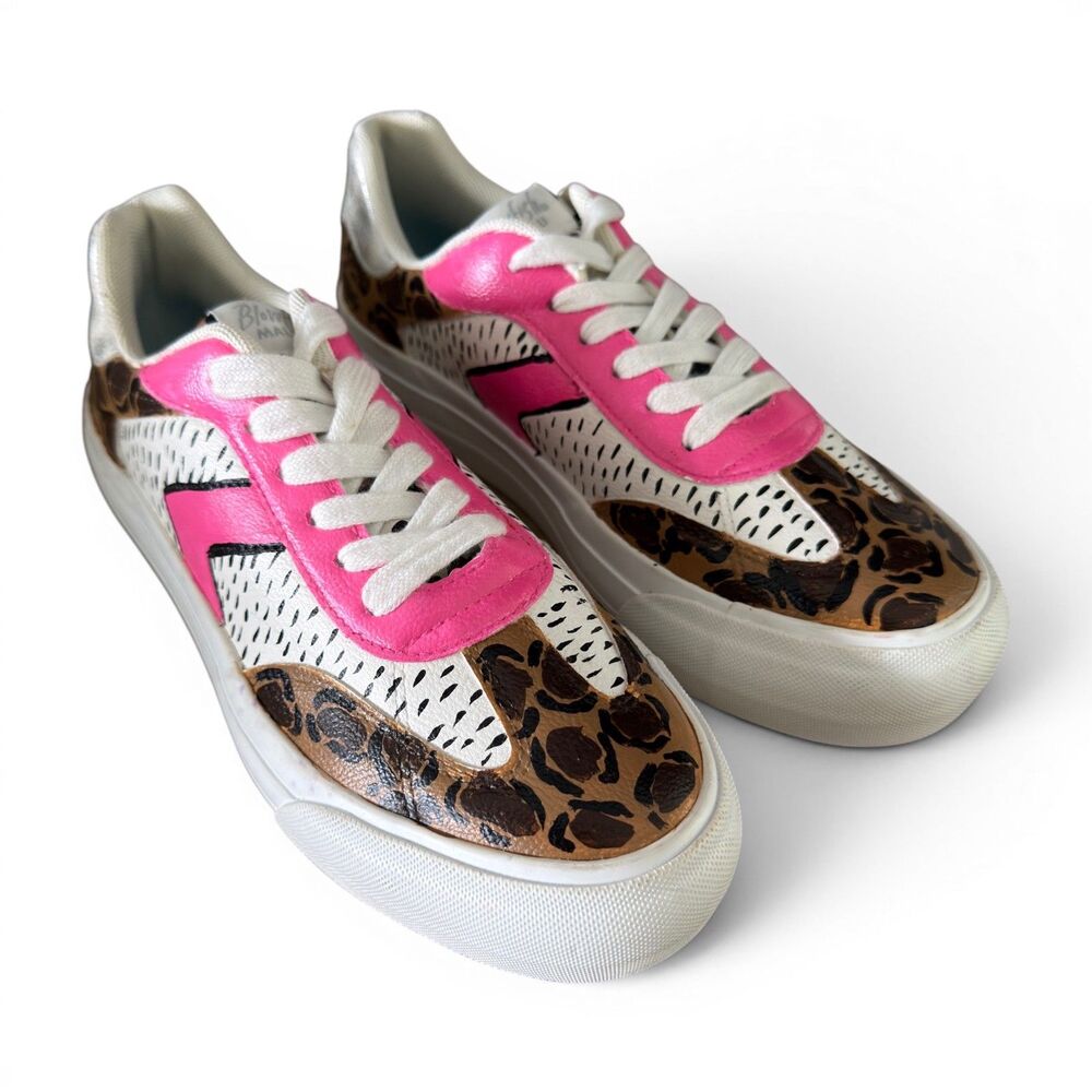 Blowfish Malibu Platform Sneakers Pink Leopard Print Lace Up Shoes Women's 8